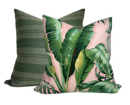 Palm Leaf Pillow Cover in Pink + Green
