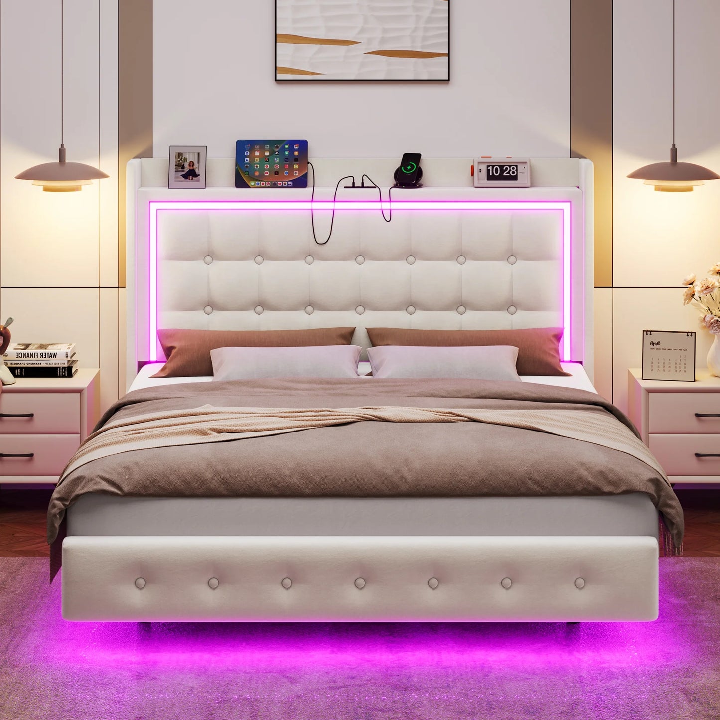 Queen Size Floating Bed with LED Lights Charging Station, Modern PU Upholstered Platform Bed with Storage Headboard, White