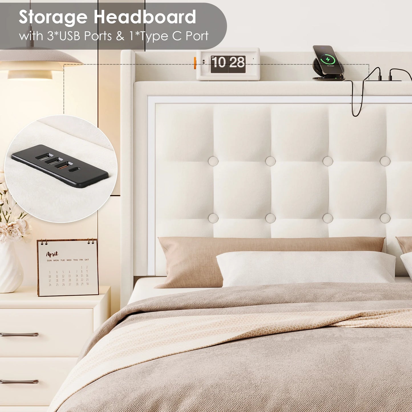 Queen Size Floating Bed with LED Lights Charging Station, Modern PU Upholstered Platform Bed with Storage Headboard, White
