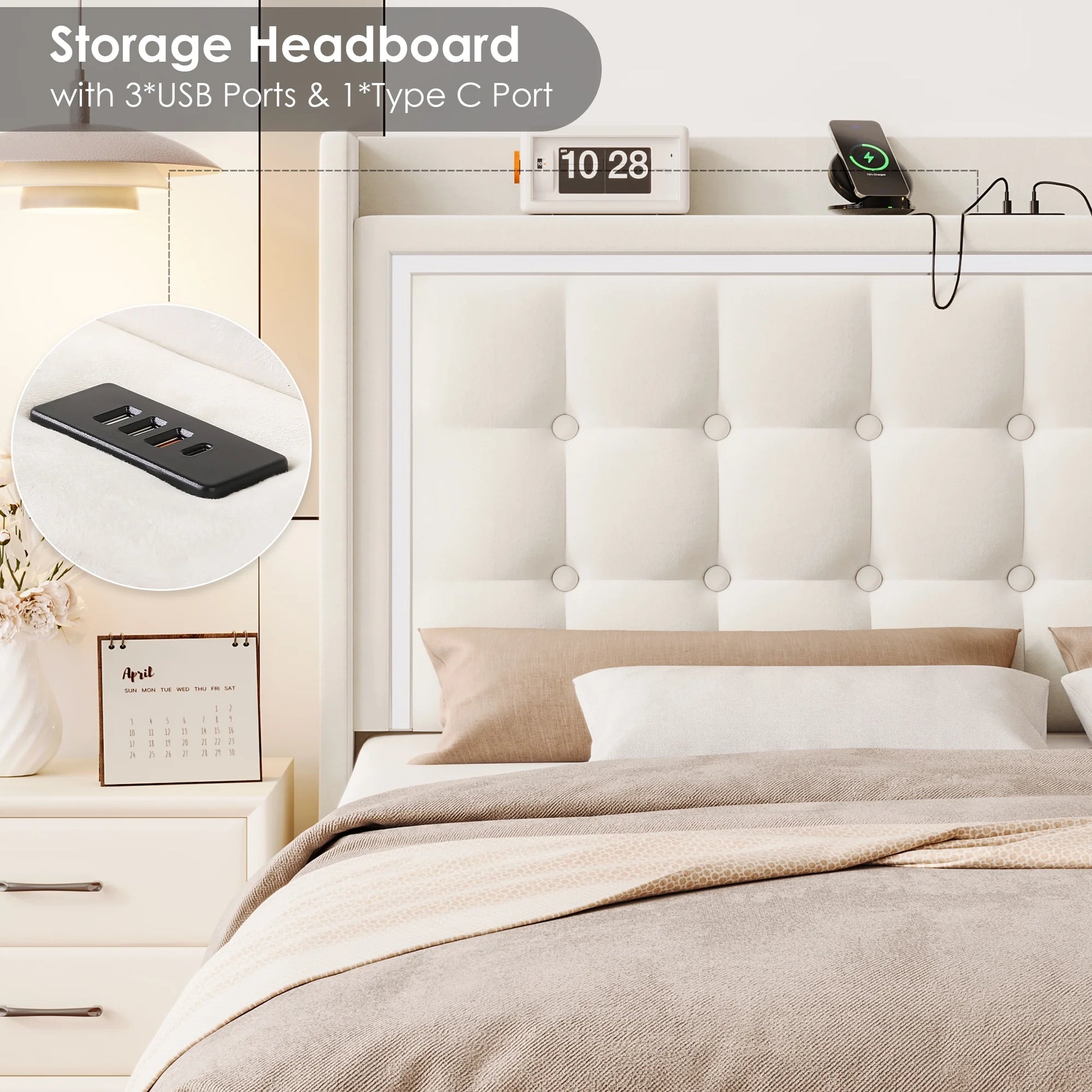 Queen Size Floating Bed with LED Lights Charging Station, Modern PU Upholstered Platform Bed with Storage Headboard, White