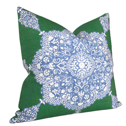 Medallion Pillow Cover in Blue and Green, Thibaut Pillows