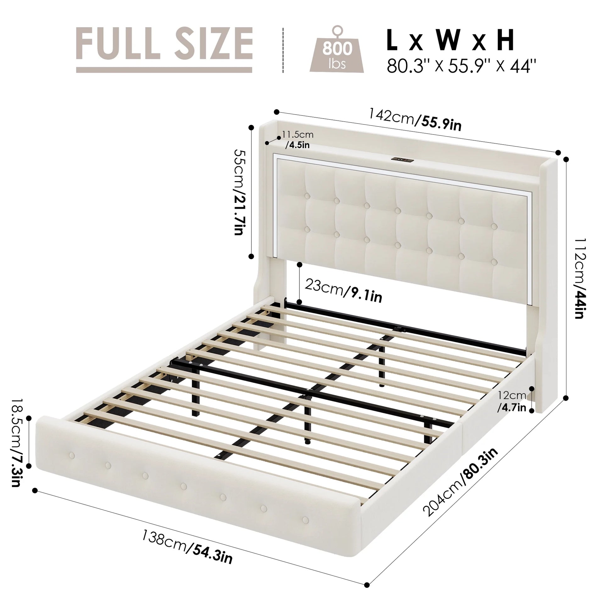 Queen Size Floating Bed with LED Lights Charging Station, Modern PU Upholstered Platform Bed with Storage Headboard, White