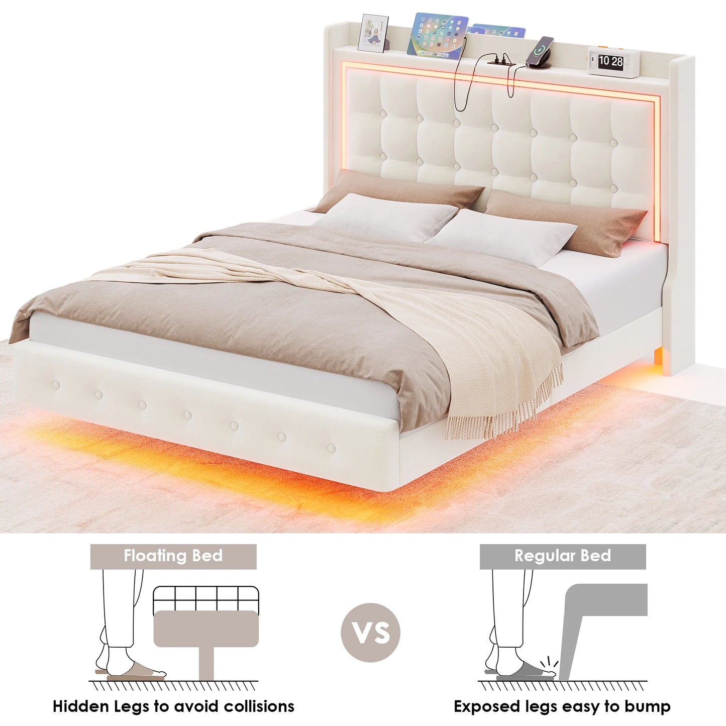 Queen Size Floating Bed with LED Lights Charging Station, Modern PU Upholstered Platform Bed with Storage Headboard, White