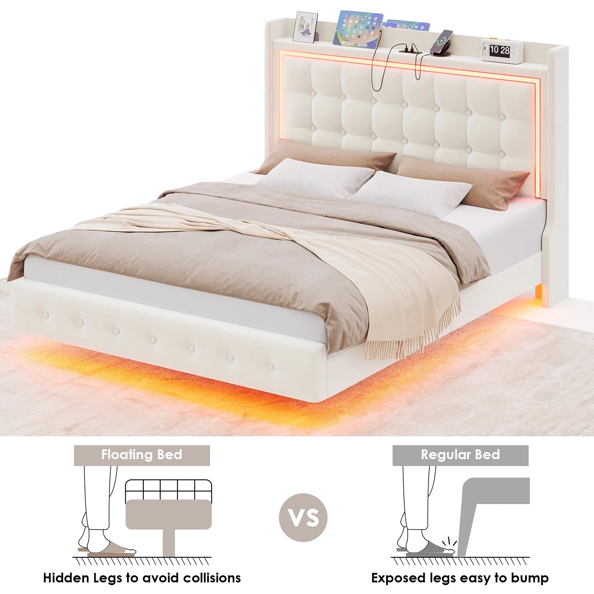 Queen Size Floating Bed with LED Lights Charging Station, Modern PU Upholstered Platform Bed with Storage Headboard, White
