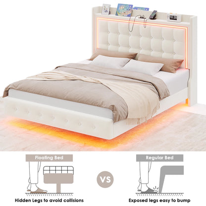 Queen Size Floating Bed with LED Lights Charging Station, Modern PU Upholstered Platform Bed with Storage Headboard, White