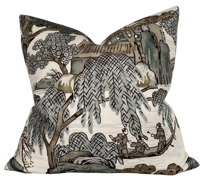 Asian Scenic Pillow Cover in Grey, Thibaut Pillows