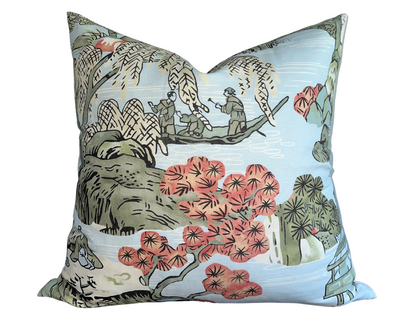Asian Scenic Pillow Cover in Robins Egg, Thibaut Pillows