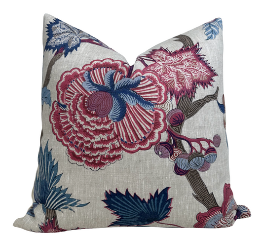 Indienne Jacobean Pillow Cover in Raspberry and Blue, Thibaut Pillows