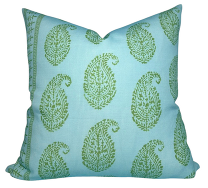 Kashmir Paisley Floral Pillow Cover in Green and Blue, Indoor/Outdoor Pillows, Peter Dunham Textiles