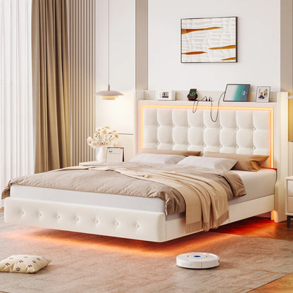 Queen Size Floating Bed with LED Lights Charging Station, Modern PU Upholstered Platform Bed with Storage Headboard, White